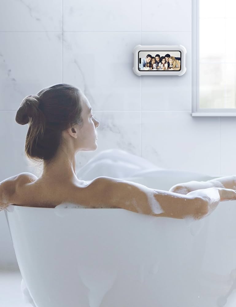 Problems Solved waterproof shower phone holder with 480º rotation wall mount, designed for secure, hands-free phone use in the bathroom.