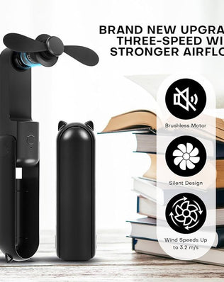 Problems Solved mini handheld fan with 3-speed settings, rechargeable, quiet operation, portable USB design, suitable for personal use.