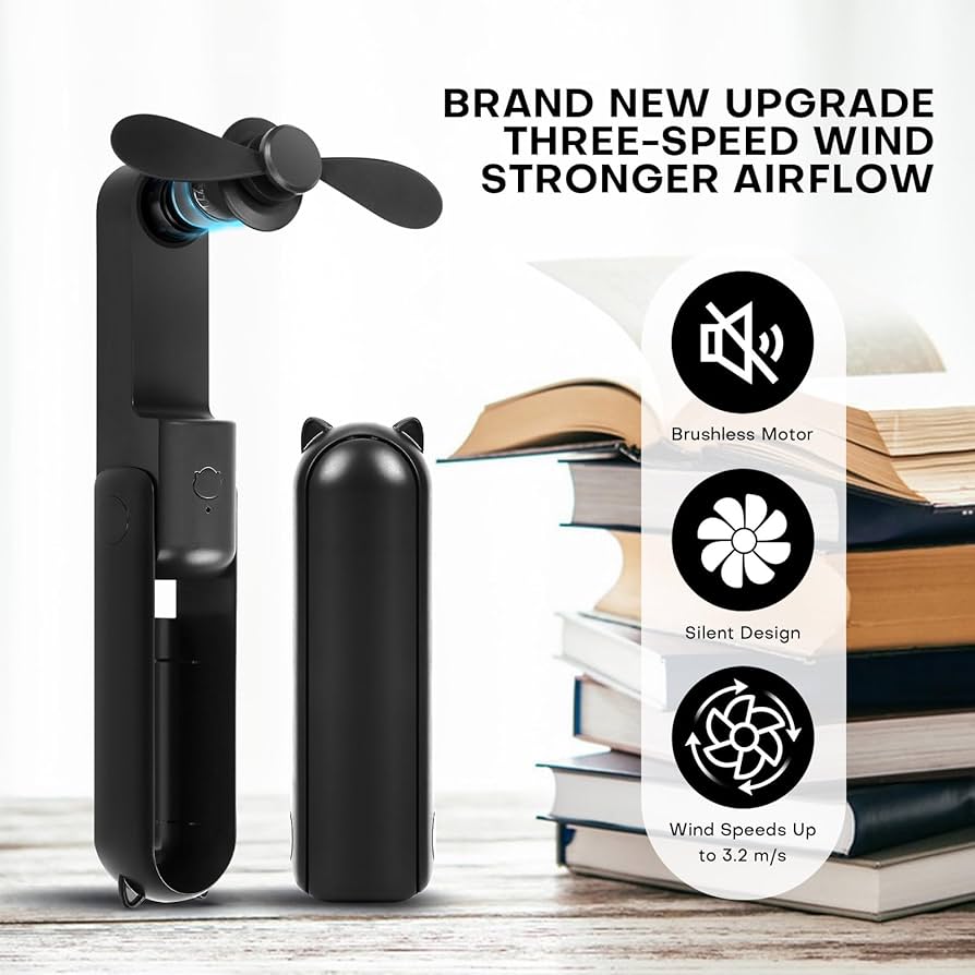 Problems Solved mini handheld fan with 3-speed settings, rechargeable, quiet operation, portable USB design, suitable for personal use.