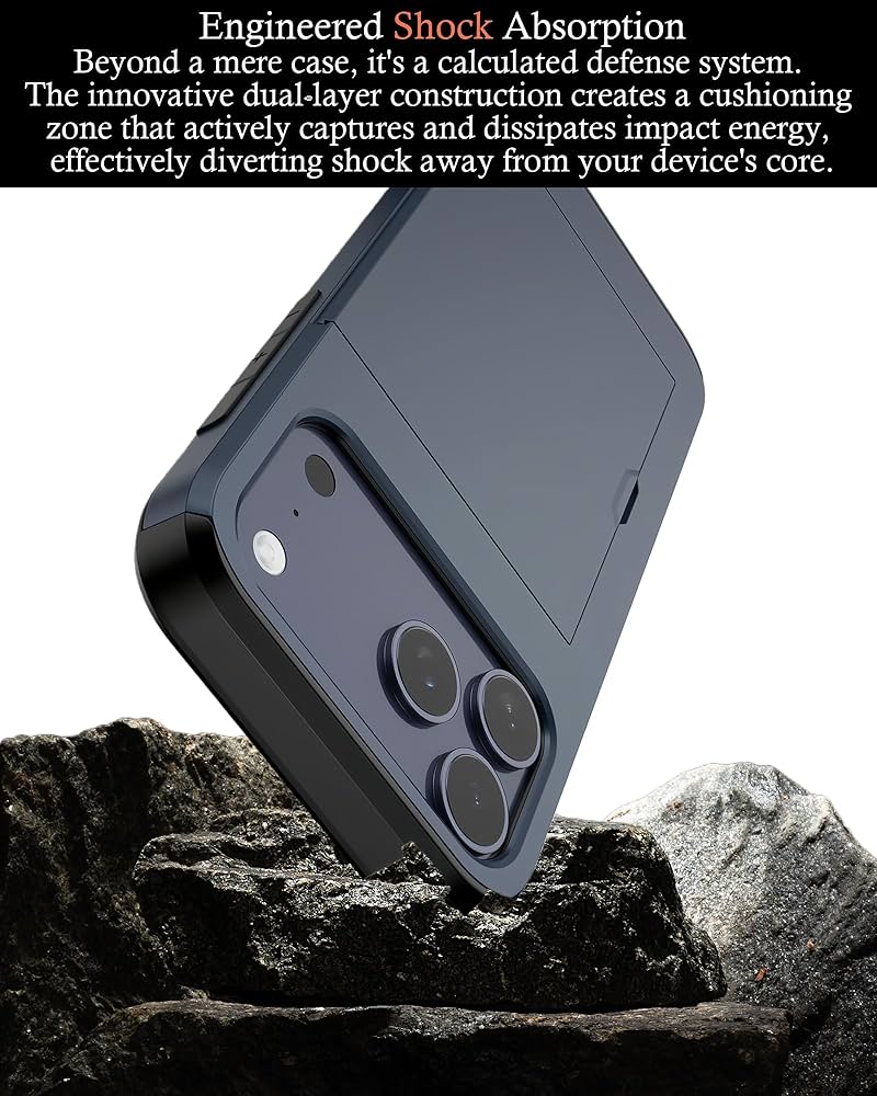 Problems Solved iPhone 17 Pro card holder case with slim wallet design, shockproof dual-layer protection for smartphone.