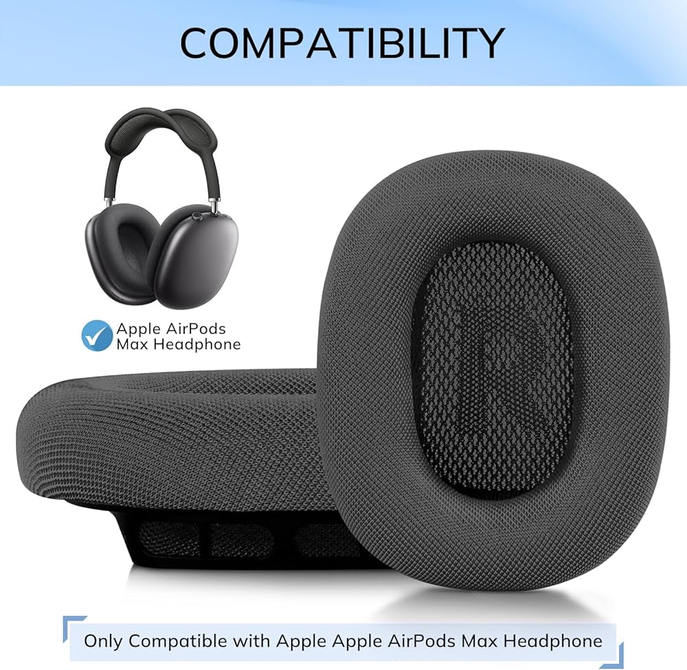 Problems Solved AirPods Max ear cushions with upgraded mesh earpads, showing soft, breathable replacement ear pads for headphones.