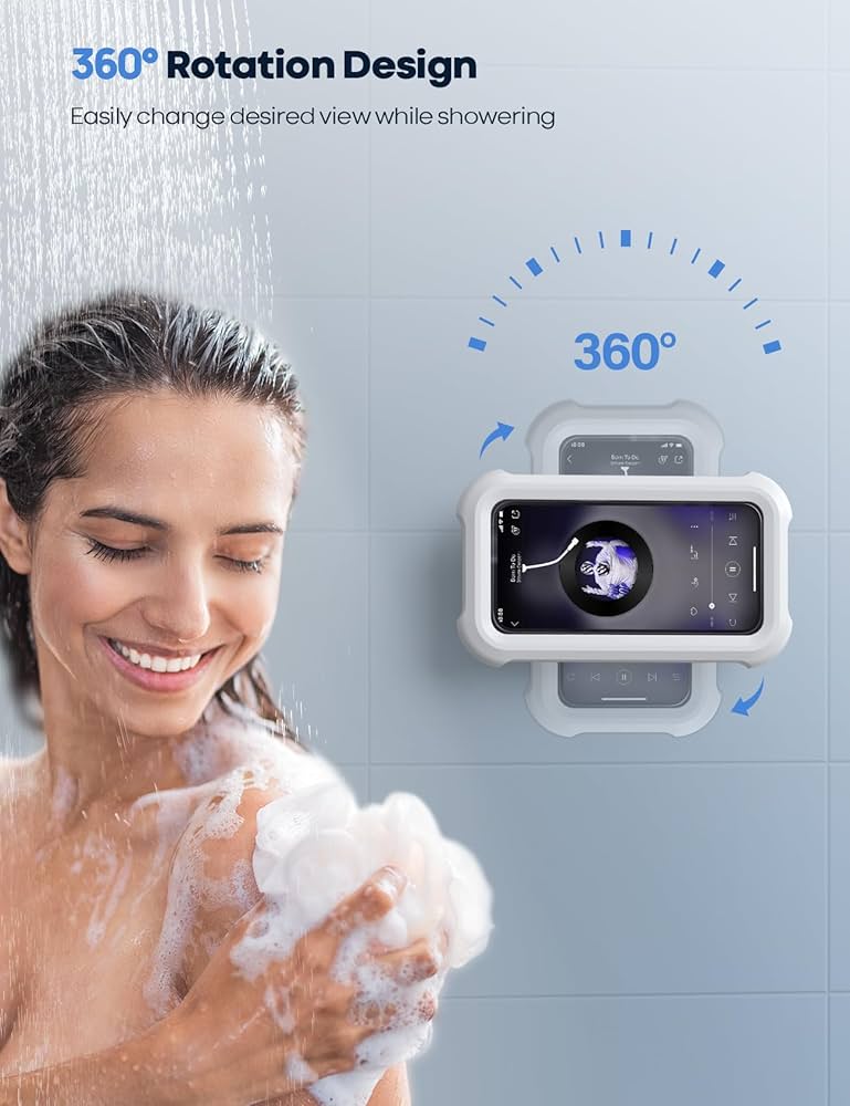 Problems Solved waterproof shower phone holder with 480º rotatable wall mount for secure, hands-free phone use in the bathroom.