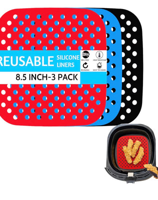 Problems Solved 8.5-inch square non-stick reusable silicone air fryer liners pack of three, designed to fit inside air fryers.