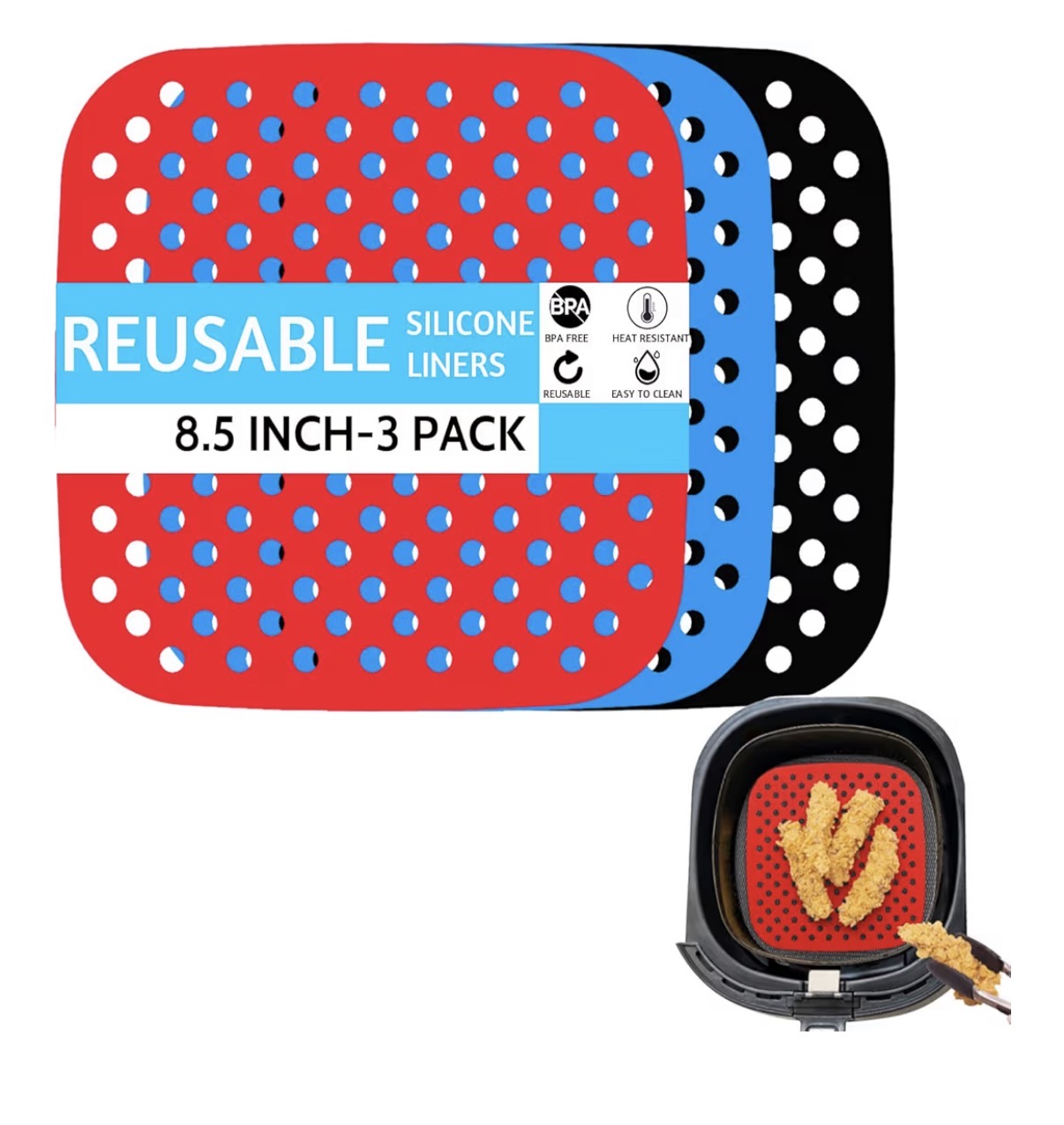 Problems Solved 8.5-inch square non-stick reusable silicone air fryer liners pack of three, designed to fit inside air fryers.