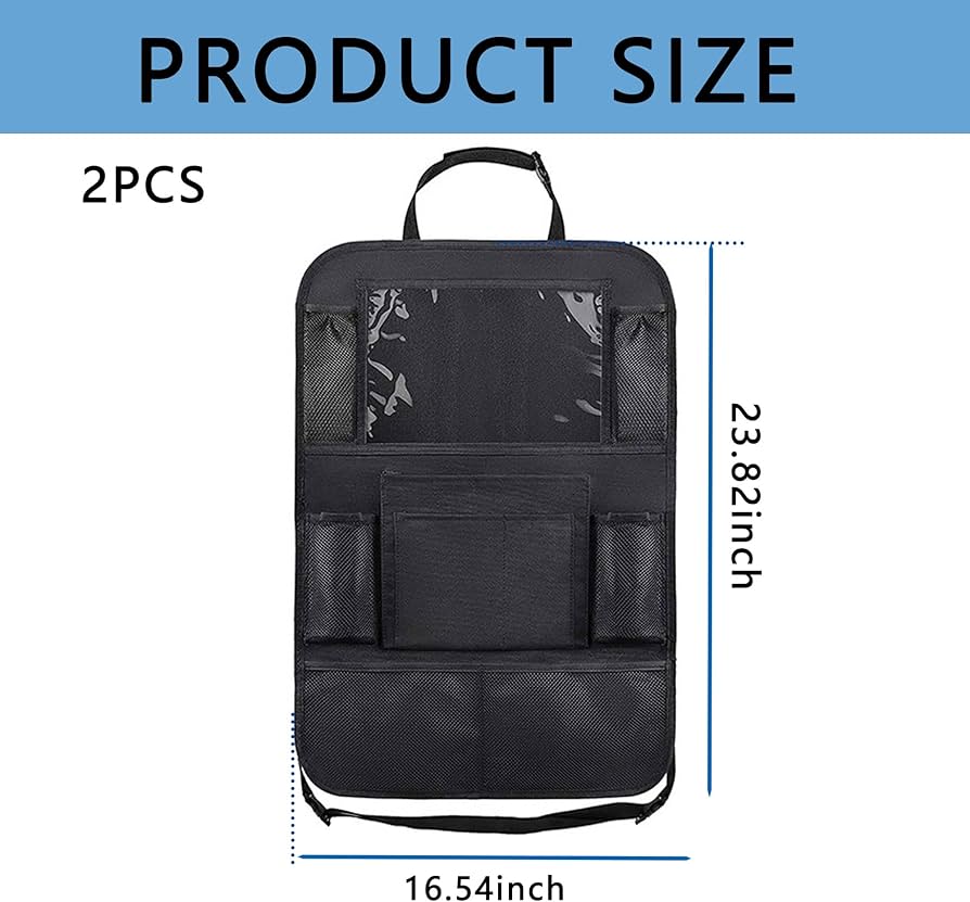Problems Solved 2PCS car seat back organizer with six pockets for extra large capacity, hanging on vehicle seat for storage.