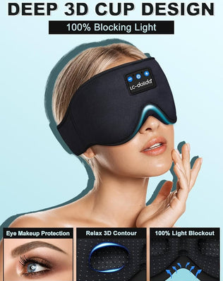 LC-dolida Bluetooth sleep mask headphones in black with 3D deep eye mask design, provides blackout and comfortable fit for restful sleep