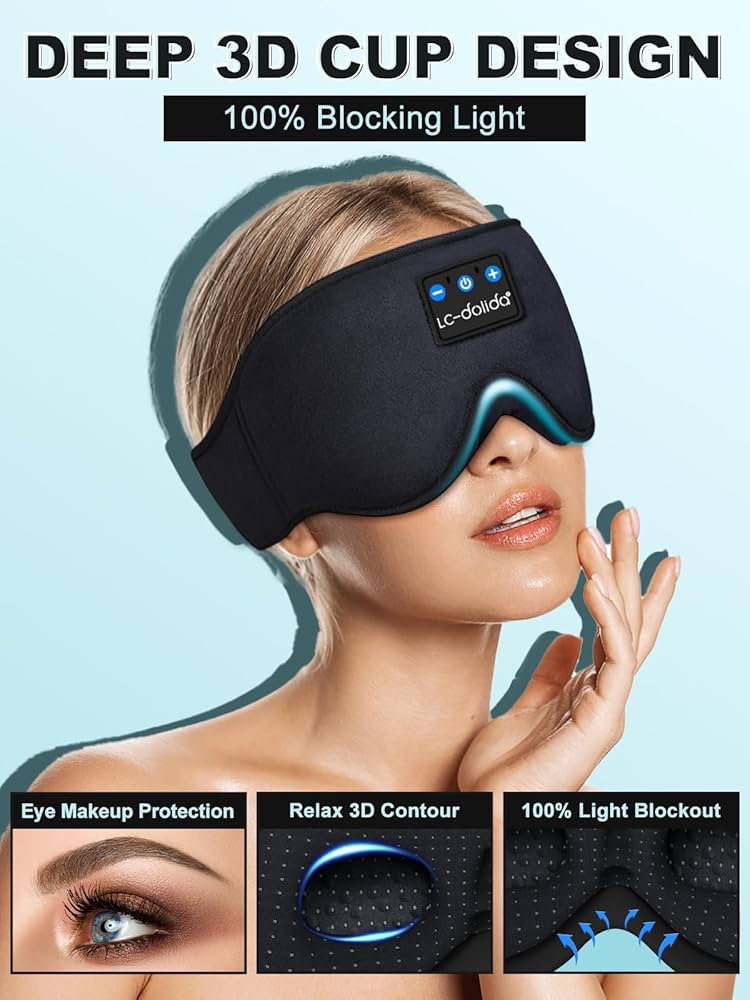 LC-dolida Bluetooth sleep mask headphones in black with 3D deep eye mask design, provides blackout and comfortable fit for restful sleep