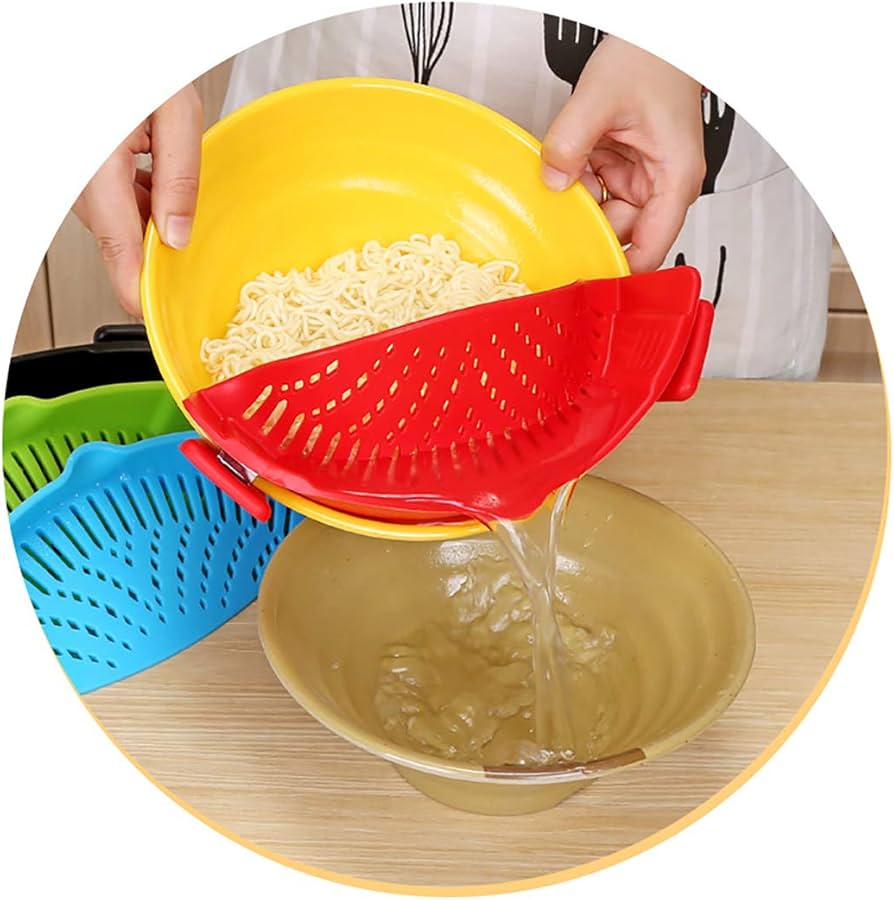 Problems Solved Snap Strainer clip-on heat-resistant silicone strainer shown attached to a pot for hands-free straining.