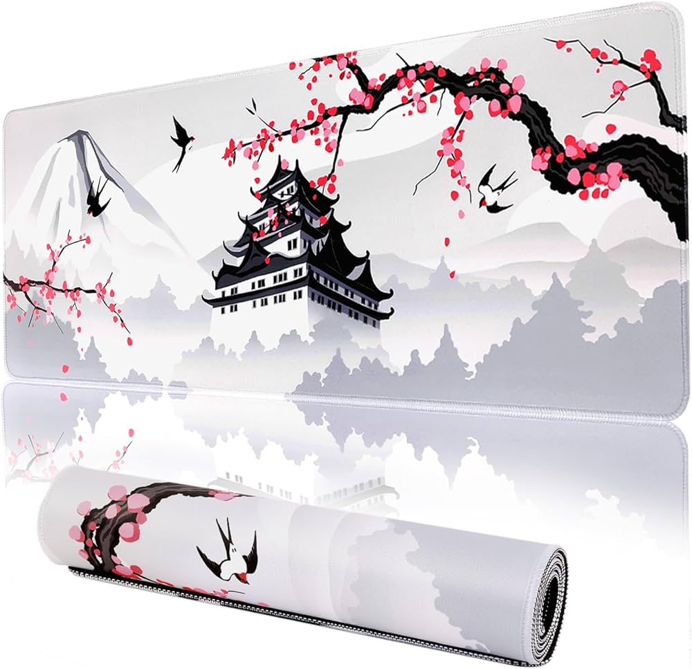 Problems Solved XXL gaming laptop mouse pad featuring a white Japanese cherry blossom design for smooth, precise gaming and work.