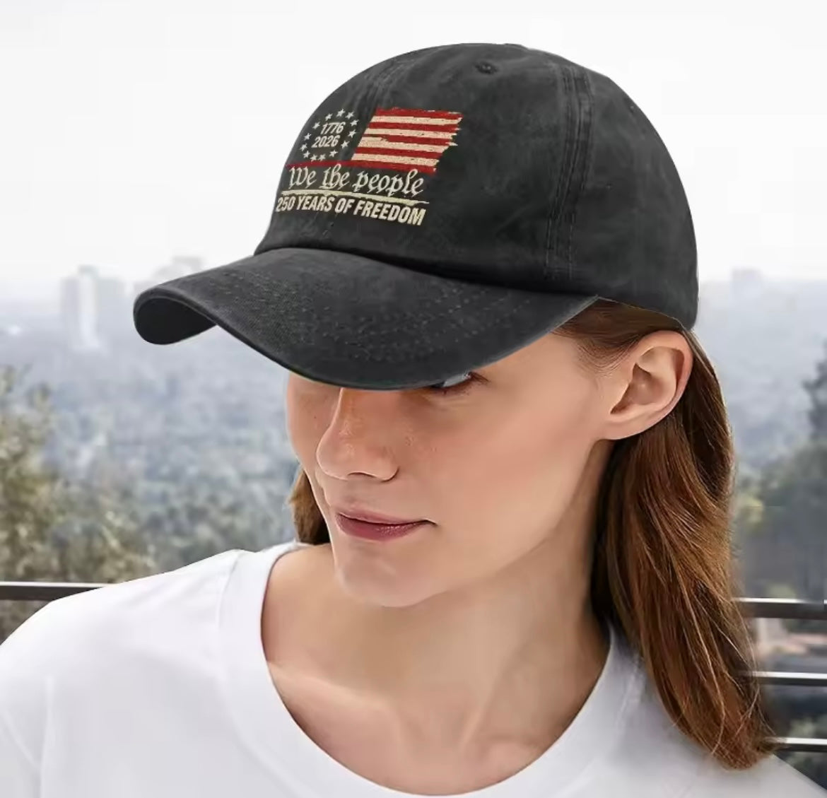 Retro washed printed U.S. 250th anniversary baseball hat by Problems Solved, featuring vintage design and embroidered details.