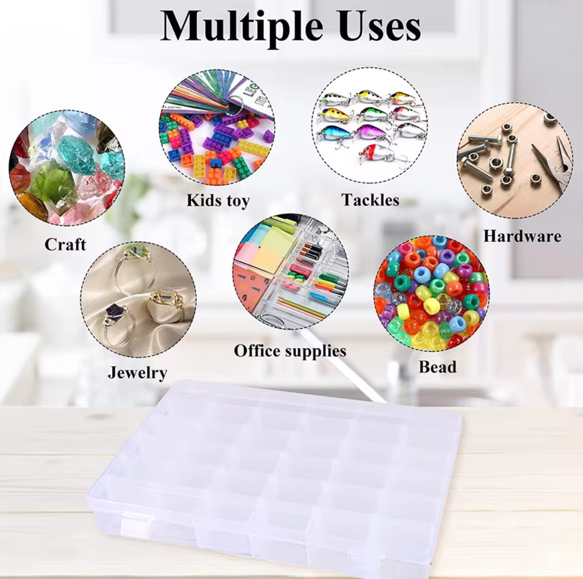 Clear plastic storage box with multiple compartments by Problems Solved, showing a transparent container for organizing small items.