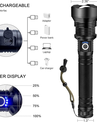 Rechargeable LED flashlight with high lumens XHP90.2, tactical design, bright super flashlight by Problems Solved.