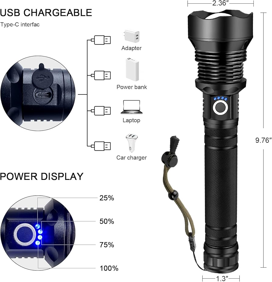 Rechargeable LED flashlight with high lumens XHP90.2, tactical design, bright super flashlight by Problems Solved.