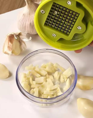 Problems Solved mini garlic chopper and press with container, manual garlic mincer crusher in emptycolor for easy garlic crushing.