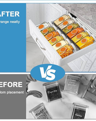 Problems Solved spice rack drawer organizer with multiple compartments for efficient kitchen spice storage.