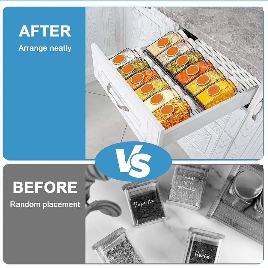 Problems Solved spice rack drawer organizer with multiple compartments for efficient kitchen spice storage.