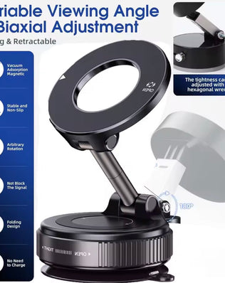 Problems Solved vacuum magnetic car phone holder with upgraded suction cup mounted on a car dashboard, holding a smartphone securely.