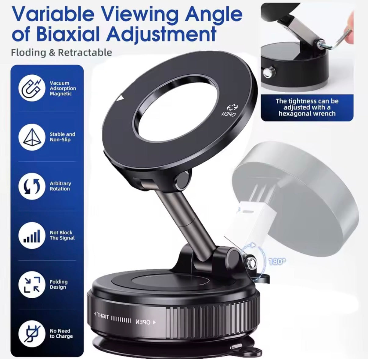 Problems Solved vacuum magnetic car phone holder with upgraded suction cup mounted on a car dashboard, holding a smartphone securely.