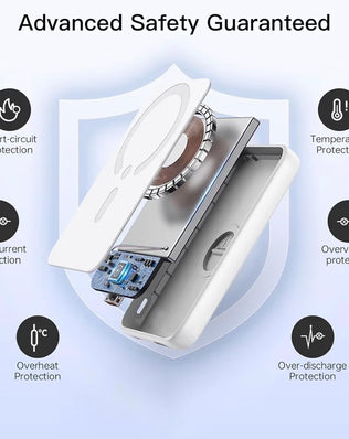 Wireless magnetic power bank by Problems Solved with a sleek portable 5000mAh charger showing its compact design and magnetic surface.