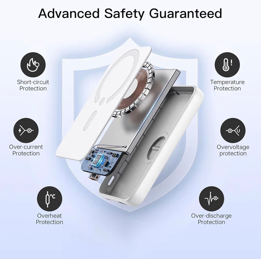 Wireless magnetic power bank by Problems Solved with a sleek portable 5000mAh charger showing its compact design and magnetic surface.