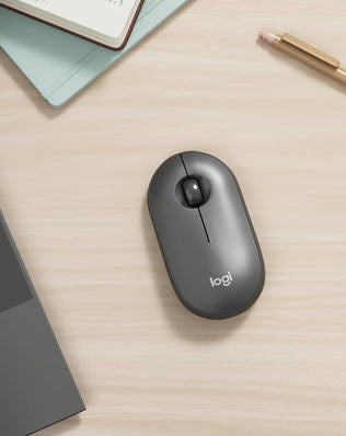Logitech Pebble 2 M350s slim Bluetooth wireless mouse by Problems Solved, showing a portable, lightweight design in black.