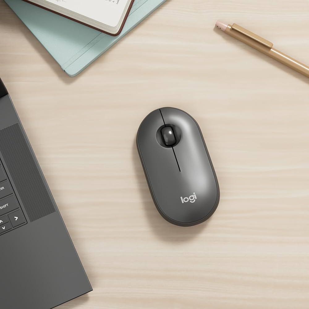 Logitech Pebble 2 M350s slim Bluetooth wireless mouse by Problems Solved, showing a portable, lightweight design in black.