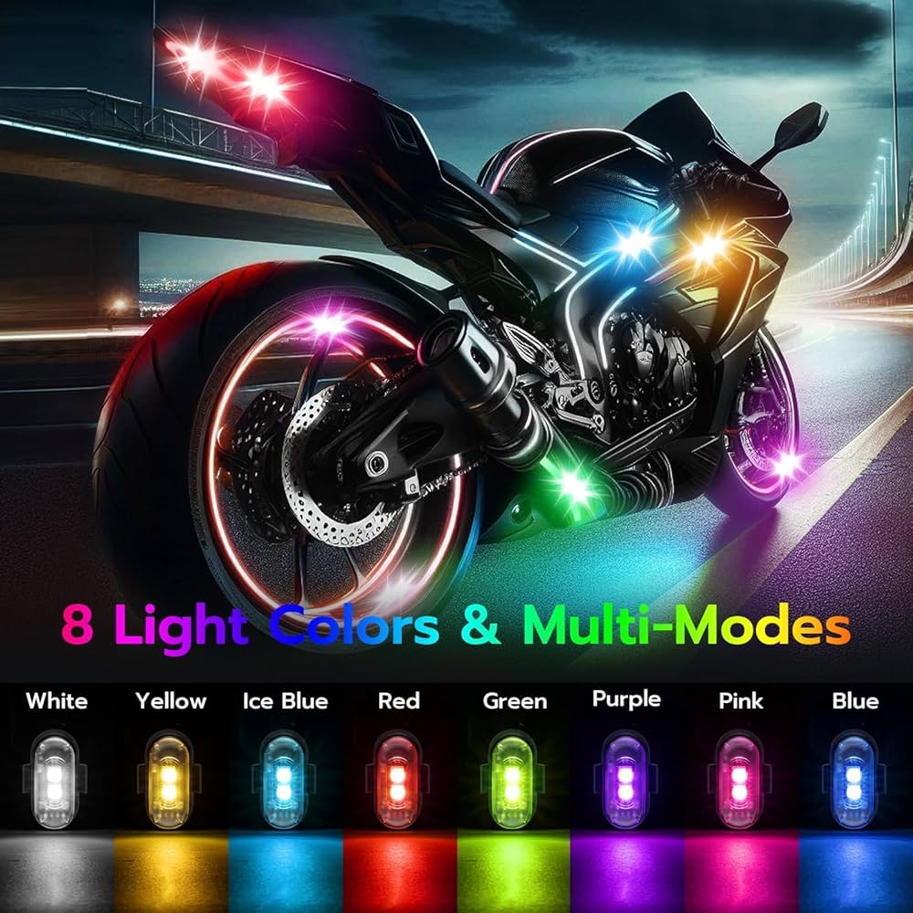 Problems Solved 4PCS LED Car Strobe Lights with remote, showing wireless LED ambient lights in 8 colors on a vehicle.