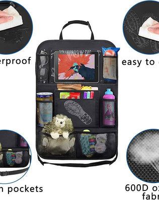 Problems Solved 2PCS car seat back organizer with six pockets, large capacity for storing travel essentials in vehicle seats.