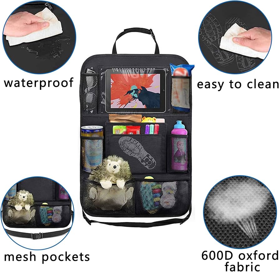 Problems Solved 2PCS car seat back organizer with six pockets, large capacity for storing travel essentials in vehicle seats.