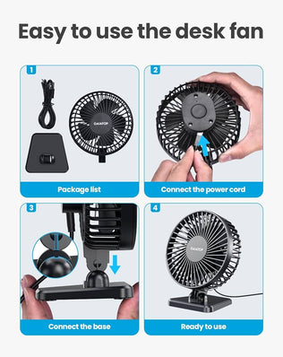 Problems Solved USB desk fan, small portable quiet personal fan with three adjustable speed settings on a desktop.