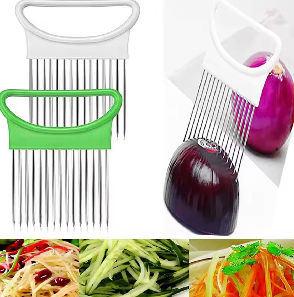 Stainless Steel Onion Slicer & Vegetable Holder - Problems Solved