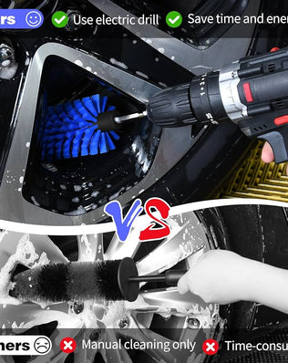 Problems Solved drill brush for car wheels and bottles, dense and durable cleaning brush for automotive and bottle cleaning.