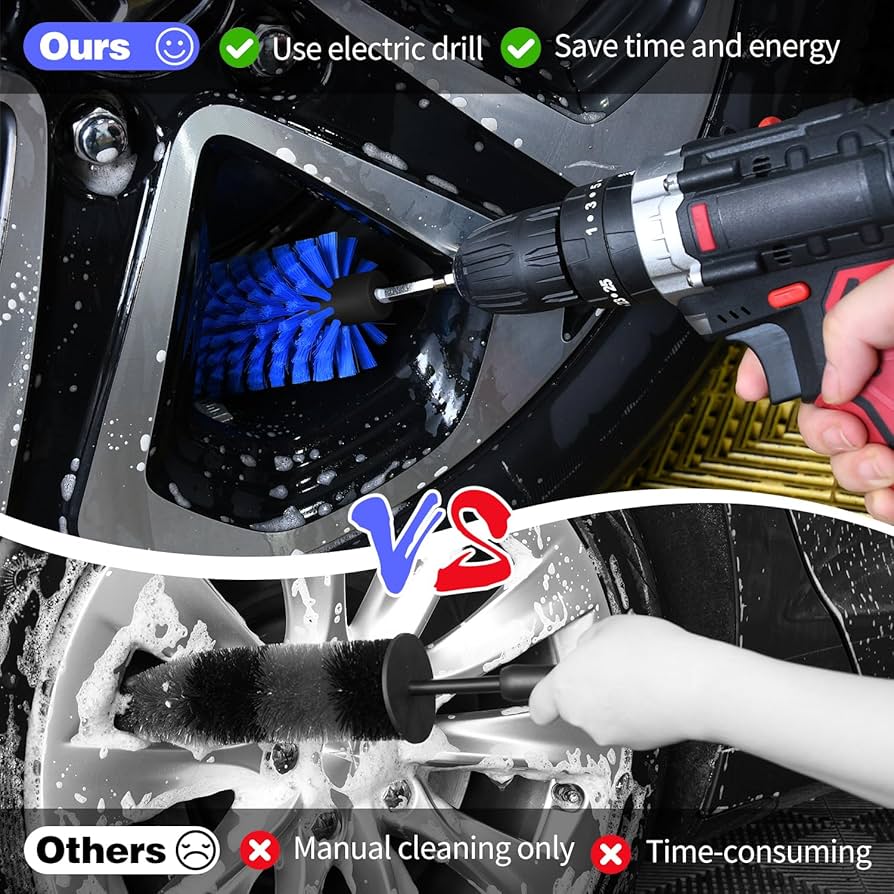 Problems Solved drill brush for car wheels and bottles, dense and durable cleaning brush for automotive and bottle cleaning.