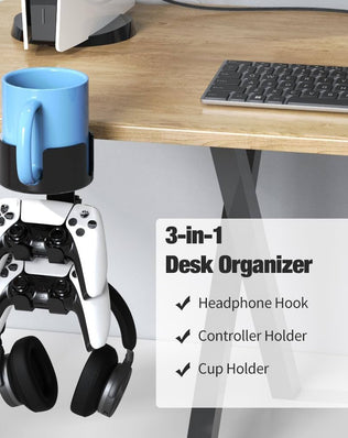 Problems Solved 360º rotating gaming controller headset stand with desk clamp, holds controllers and headsets neatly on a desk.