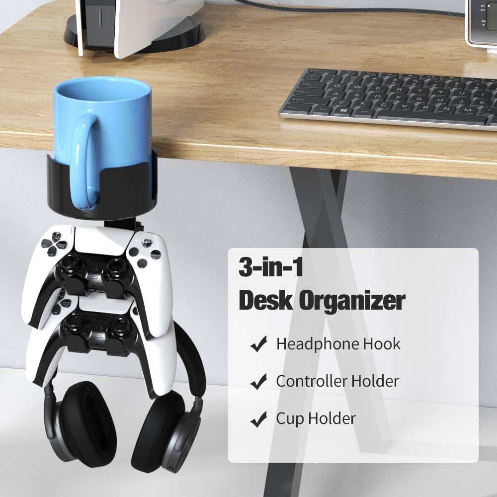 Problems Solved 360º rotating gaming controller headset stand with desk clamp, holds controllers and headsets neatly on a desk.