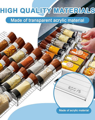 Problems Solved spice rack drawer organizer with multiple compartments for kitchen spices, neatly stored in a modern drawer.