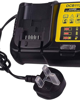 Problems Solved fast charger replacement for Dewalt 12V-18V lithium-ion batteries, showing the compact charger and charging port.