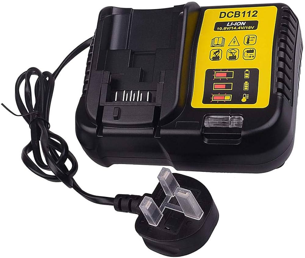 Problems Solved fast charger replacement for Dewalt 12V-18V lithium-ion batteries, showing the compact charger and charging port.