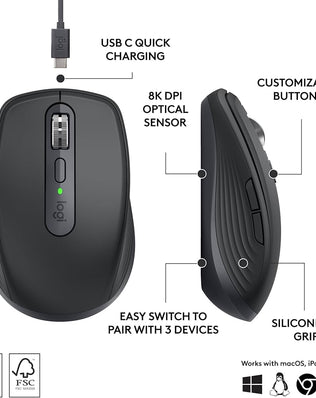 Problems Solved Logitech MX Anywhere 3S compact wireless mouse with fast scrolling and 8K DPI on various surfaces.