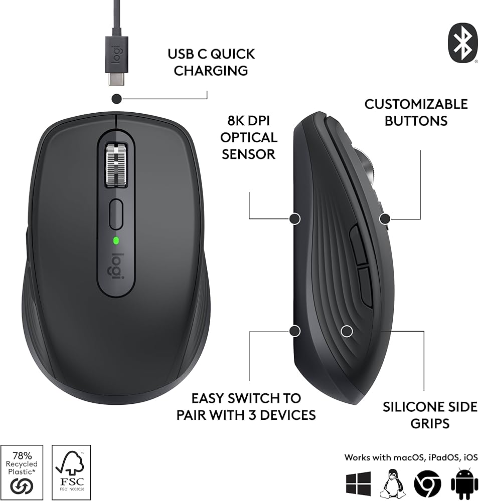 Problems Solved Logitech MX Anywhere 3S compact wireless mouse with fast scrolling and 8K DPI on various surfaces.