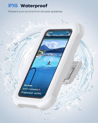 Waterproof shower phone holder by Problems Solved with 480º rotation wall mount, securely holding a smartphone in the shower.