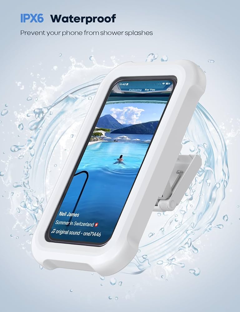 Waterproof shower phone holder by Problems Solved with 480º rotation wall mount, securely holding a smartphone in the shower.