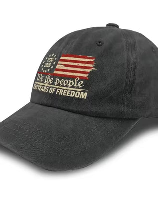 Retro washed printed Problems Solved U.S. 250th Anniversary baseball hat with embroidered details and vintage style.