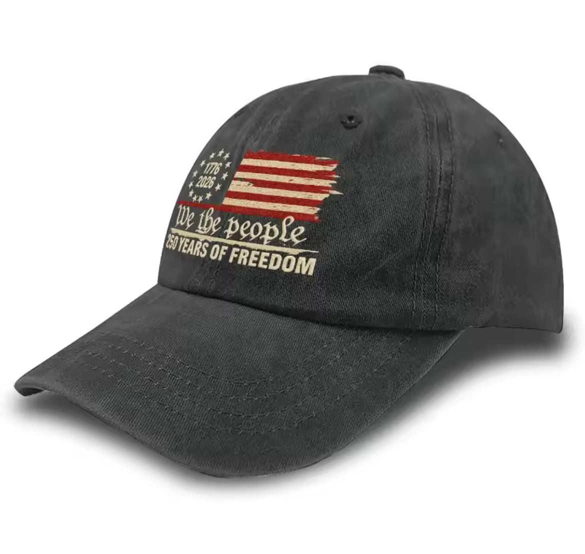 Retro washed printed Problems Solved U.S. 250th Anniversary baseball hat with embroidered details and vintage style.