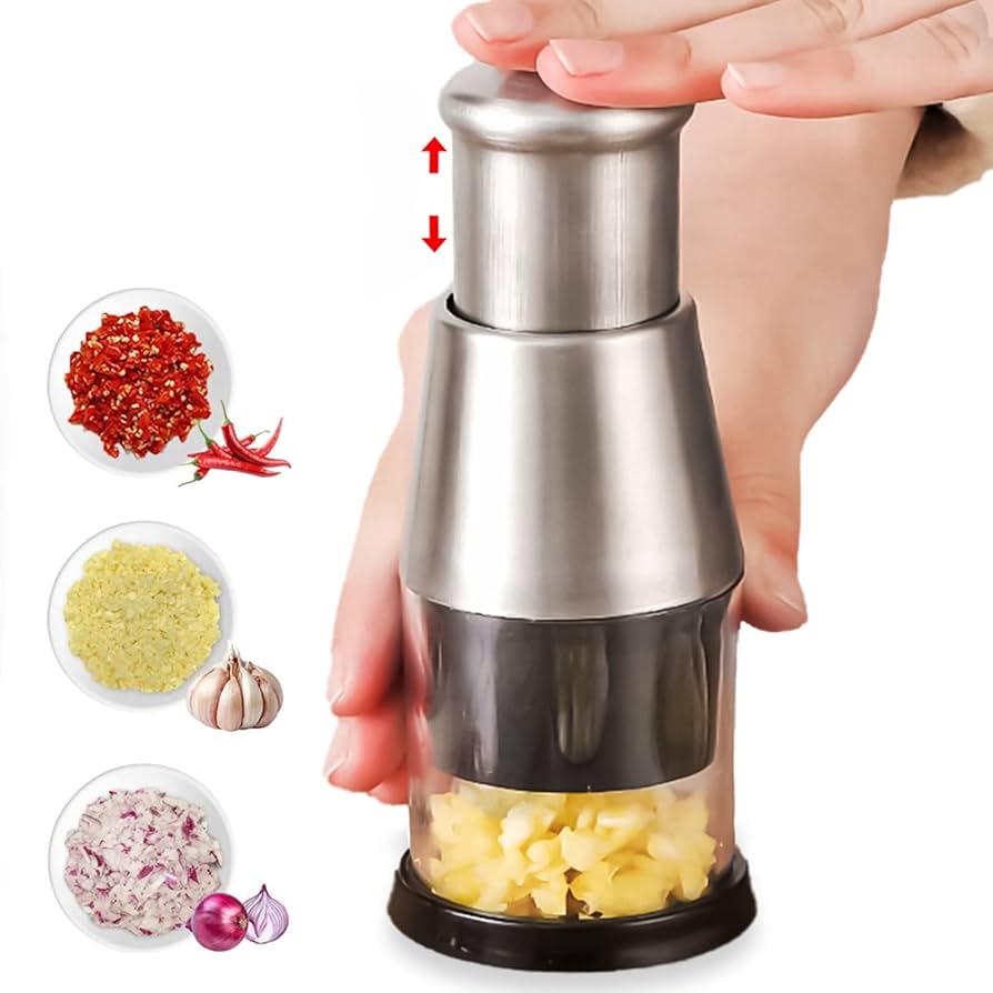 Problems Solved pressed garlic chopper with 16cm handle and stainless steel garlic press for efficient garlic mincing.