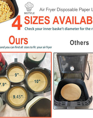 Pack of 50 XXL 10-inch Air Fryer disposable paper liners from Problems Solved, designed to fit large air fryers for easy cleanup.