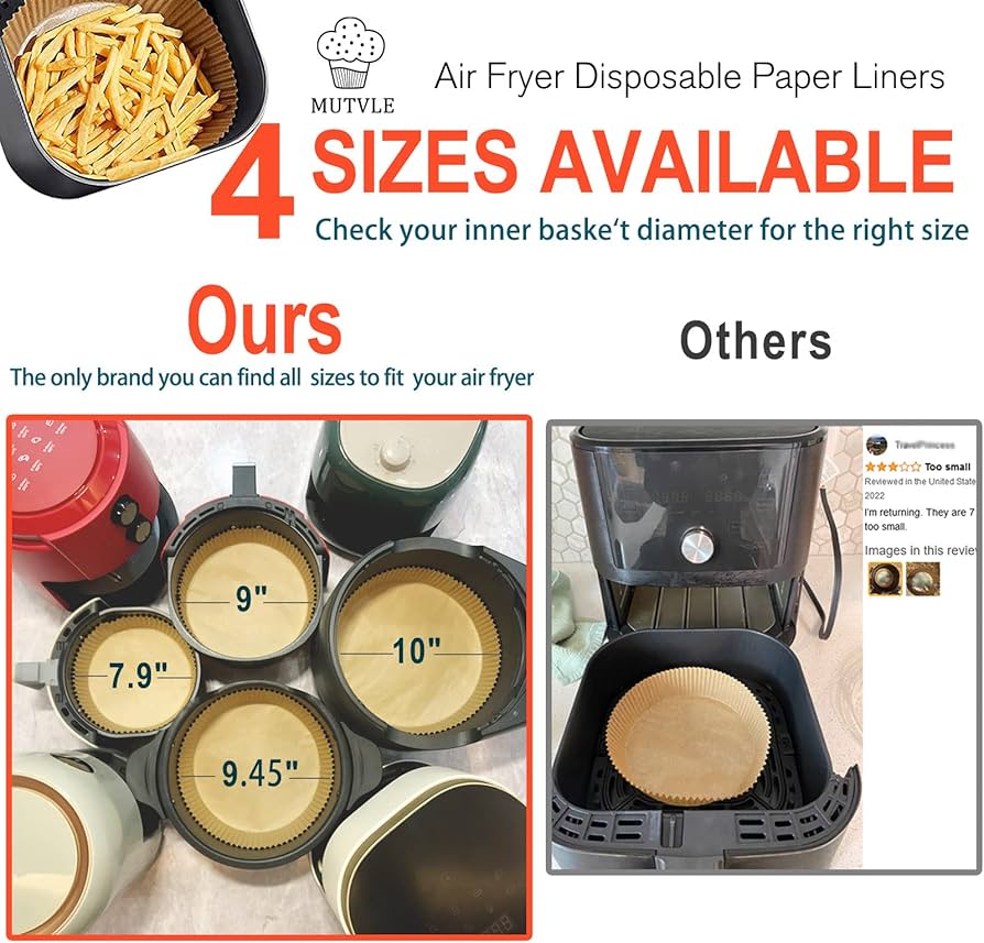 Pack of 50 XXL 10-inch Air Fryer disposable paper liners from Problems Solved, designed to fit large air fryers for easy cleanup.
