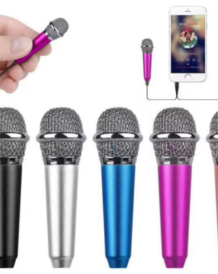 Problems Solved handheld mini 3.5mm stereo microphone for portable studio and speech recording, shown in close-up.