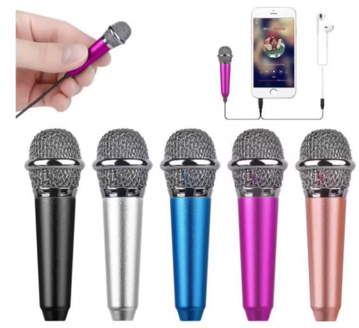 Problems Solved handheld mini 3.5mm stereo microphone for portable studio and speech recording, shown in close-up.