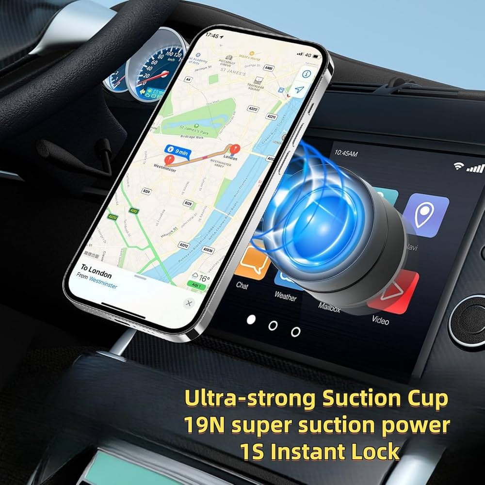 Problems Solved vacuum magnetic suction phone holder with 360° rotatable mount attached to a car dashboard or surface.